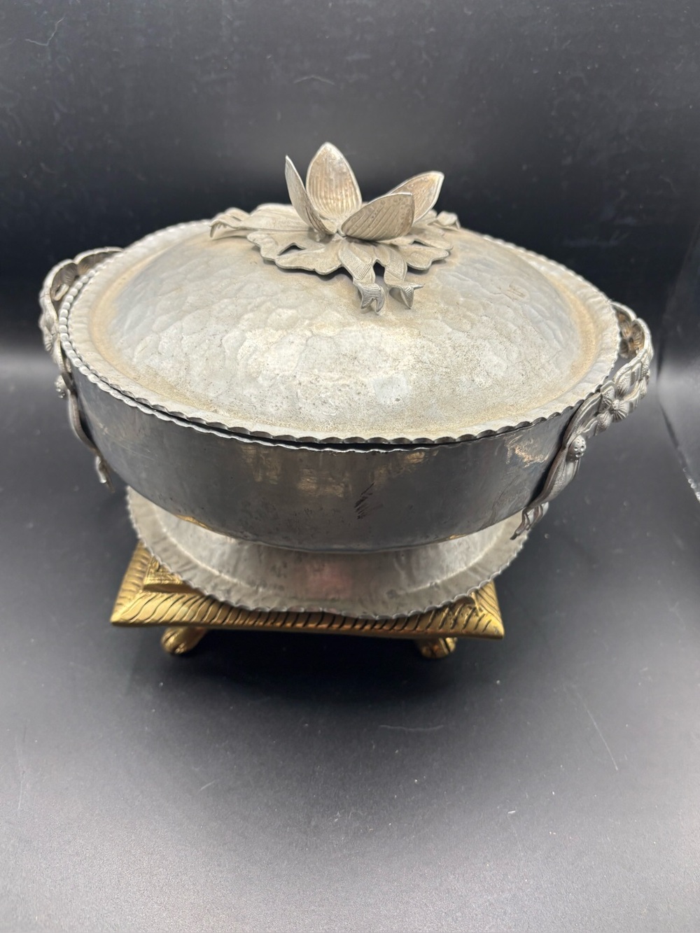 Aluminum Hammered Silver-Tone Lidded Bowl with Floral Finial